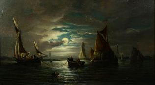 JOHN (OF IPSWICH) MOORE (1820?1902) OIL PAINTING ON PANEL Fishing fleet at work by moonlight