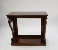 MAHOGANY OBLONG CONSOL TABLE with two S scroll front supports, platform base, 3?4? wide, 1?3? deep