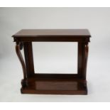 MAHOGANY OBLONG CONSOL TABLE with two S scroll front supports, platform base, 3?4? wide, 1?3? deep