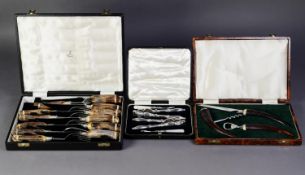 WALKER & HALL CASED SET OF SIX PAIRS OF STEEL STEAK KNIVES AND FORKS, with buckhorn handles; two