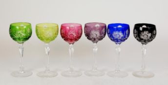 SET OF SIX TALL CUT GLASS HOCK GLASSES, with stained coloured bowls