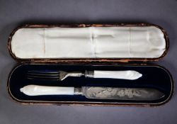 CASED VICTORIAN SILVER BLADED TWO PIECE CARVING SET WITH CARVED MOTHER OF PEARL HANDLES, the blade