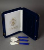 FABERGÉ CASED CAVIAR SET OF TWO SPOONS WITH MOTHER OF PEARL BOWLS, blue hardstone handles, silver