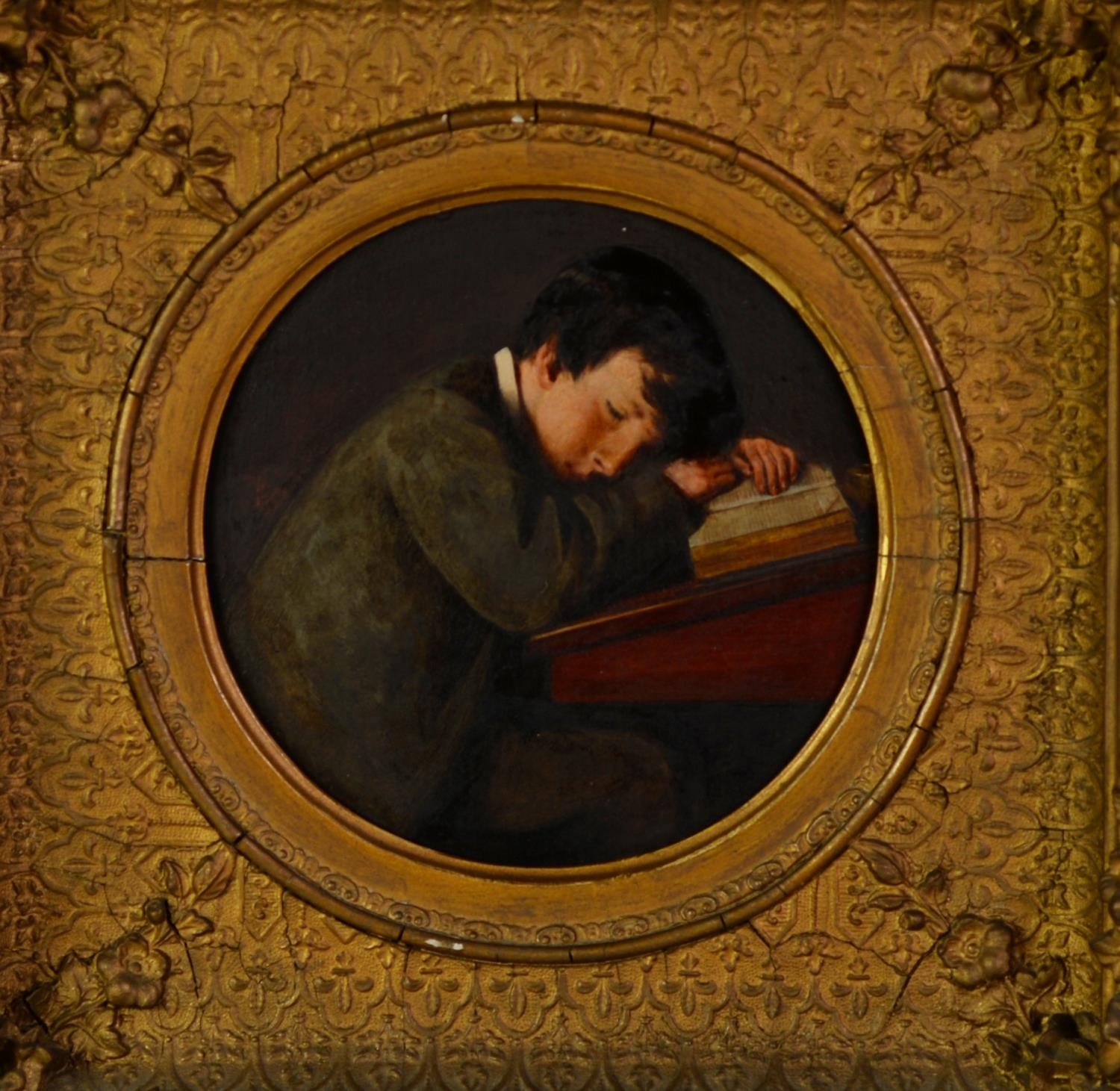 RICHARD ABBOTT PAIR OF CIRCULAR OIL PAINTINGS ON BOARD ?The Studious Boy? ?The Idle Boy? Labelled - Image 2 of 2