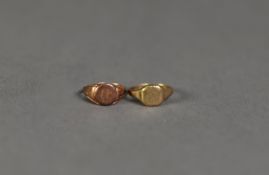 TWO 9ct GOLD SIGNET RINGS (one cut), ring sizes M & M 1/2, 3.7gms