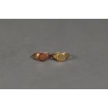 TWO 9ct GOLD SIGNET RINGS (one cut), ring sizes M & M 1/2, 3.7gms