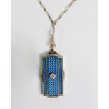 22ct WHITE GOLD AND BLUE GUILLOCHE ENAMELLED RECTANGULAR LOCKET PENDANT, hinge opening to the