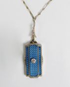 22ct WHITE GOLD AND BLUE GUILLOCHE ENAMELLED RECTANGULAR LOCKET PENDANT, hinge opening to the