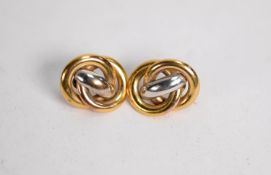 PAIR OF YELLOW AND WHITE GOLD KNOT PATTERN PIN EARRINGS, 1 1/2in (2.75cm) wide, 7 gms