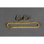 9ct GOLD ROPE PATTERN CHAIN BRACELET with ring clasp, 6 ¾? (17cm) long and a pair of 9ct gold HOOP