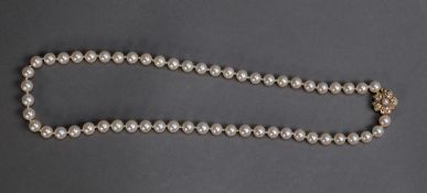 SINGLE STRAND NECKLACE OF 57 UNIFORM PEARLS WITH AN 18ct GOLD, DIAMOND AND PEARL FLORAL CLASP with