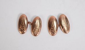 PAIR OF EDWARDIAN 9ct GOLD DOUBLE OVAL CUFFLINKS, floral engraved, Birmingham 1908, 4.8gms