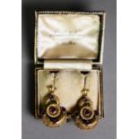 CASED PAIR OF LATE VICTORIAN/EDWARDIAN GOLD COLOUR METAL (unmarked) AMETHYST SET EAR PENDANTS,