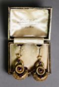 CASED PAIR OF LATE VICTORIAN/EDWARDIAN GOLD COLOUR METAL (unmarked) AMETHYST SET EAR PENDANTS,