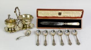 SMALL, MIXED LOT OF ELECTROPLATE, comprising: CASED BEAD KNIFE WITH MOTHER OF PEARL HANDLE, SUGAR