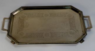 LATE VICTORIAN ENGRAVED ELECTROPLATED TWO HANDLED TEA TRAY BY COOPER BROTHERS & SONS, of canted