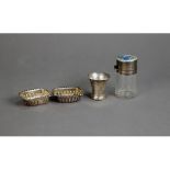FOUR PIECES OF EDWARD VII AND LATER SILVER, comprising: SMELLING SALTS BOTTLE AND STOPPER WITH