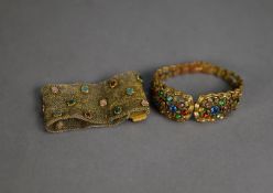 BROAD MESH BRACELET set with clusters of colour micro beads and a vintage gilt metal spring