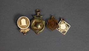 TWO 9ct GOLD MEDALLION FOBS, one as a swimming prize dated 1927, and TWO OTHERS, now as brooches (