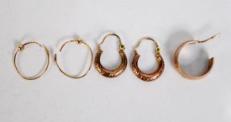 PAIR OF 9ct GOLD CHASED HOOP EARRINGS; pair of 9ct gold wire pattern HOOP EARRINGS and a 9ct gold