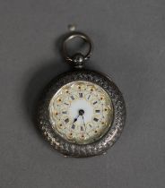LADY?S SWISS ENGRAVED SILVER FOB WATCH, with key wind movement, decorated roman dial