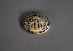 EGYPTIAN PIERCED GOLD AND LAPIS LAZULI BROOCH, depicting a female figure in a ceremonial boat with