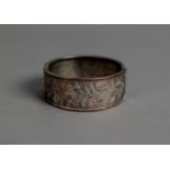 VICTORIAN SILVER COLOURED METAL BROAD HINGE-OPENNG BANGLE, the top bright cut engraved and having