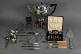 MIXED LOT OF ELECTROPLATE, to include: OVAL PART FLUTED TEAPOT, CASED SET OF SIX TEASPOONS, THREE