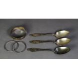 SET OF THREE GERMAN SILVER COLOUR METAL (800 STANDARD) SPOONS, together with an ENGRAVED STERLING