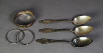 SET OF THREE GERMAN SILVER COLOUR METAL (800 STANDARD) SPOONS, together with an ENGRAVED STERLING