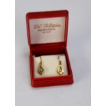 PAIR OF 14ct GOLD TEAR SHAPED DROP EARRINGS, each set with a tiny white stone