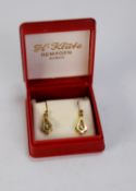 PAIR OF 14ct GOLD TEAR SHAPED DROP EARRINGS, each set with a tiny white stone