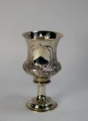 VICTORIAN EMBOSSED SILVER GOBLET BY GEORGE UNITE, of campana form with waisted stem and stepped