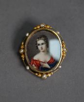 PAINTED PORTRAIT MINIATURE OF A LADY in décolleté dress, oval, in a gold coloured metal narrow frame