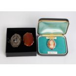 SILVER OVAL TARG BROOCH, of Victorian style, Birmingham 1947; large oval orange agate BROOCH and a