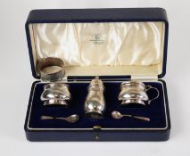 GEORGE VI CASED THREE PIECE CONDIMENT SET BY MAPPIN & WEBB, of bellied form, with the matching