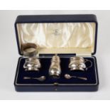 GEORGE VI CASED THREE PIECE CONDIMENT SET BY MAPPIN & WEBB, of bellied form, with the matching