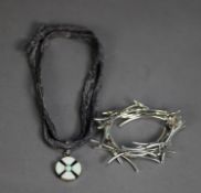 MEXICAN SILVER CELTIC STYLE CROSS PENDANT, set with opalescent stones, on ribbon necklace an a