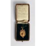 9ct GOLD VACANT PRIZE MEDALLION FOB, circular with centre shield, Birmingham 1929, in case, 3.5gms