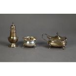 THREE AND LATER SILVER CONDIMENTS, comprising: LIDDED MUSTARD BY WALKER & HALL, of oblong form