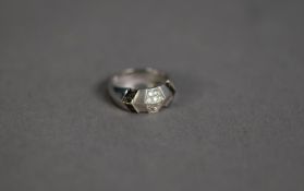 18ct WHITE GOLD RING, with yellow matt chevron pattern top set with ten small diamonds and having