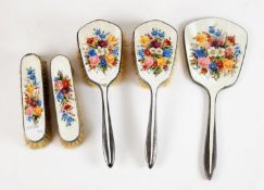 GEORGE VI, FIVE PIECE LADY?S SILVER AND FLORAL PAINTED WHITE GUILLOCHE ENAMELLED DRESSING TABLE HAND