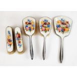 GEORGE VI, FIVE PIECE LADY?S SILVER AND FLORAL PAINTED WHITE GUILLOCHE ENAMELLED DRESSING TABLE HAND