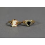 9ct GOLD CLUSTER RING set with a heart shaped sapphire with surround of tiny white stones, ring size