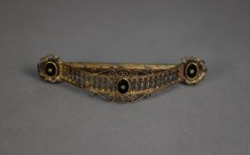 TWO 19th CENTURY CONTINENTAL SILVER GILT FILIGREE STYLE CLOAK CLIPS, semi-circular and with rear