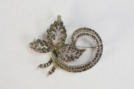 ELABORATE FILIGREE FLORAL TARG BROOCH, 1 1/2in (4cm) and a marcasite foliate scroll BROOCH, 2in (