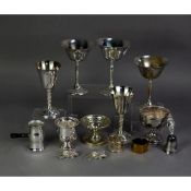 FIVE ELECTROPLATED GOBLETS (3+2), together with an URN SHAPED MATCH HOLDER, TWO MODELS OF MICE,