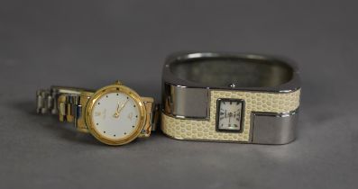 LADY?S LOUIFREY QUARTZ BROAD STAINLESS STEEL BANGLE WATCH, with small rectangular mother of pearl