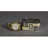 LADY?S LOUIFREY QUARTZ BROAD STAINLESS STEEL BANGLE WATCH, with small rectangular mother of pearl