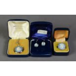 WEDGWOOD PALE BLUE AND WHITE JASPER WARE JEWELLERY, in cases, viz a silver RING; a pair of gold